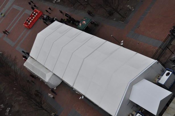 You can see the line, which was generally about 30-people deep outside of the tent. The first quarter of the tent is for lockers. The next two are a line zigzagging around, and the final quarter is a second security screening. Then out of the back, you're free to explore.